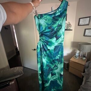 Elegant Green blue asymmetrical one shoulder Floral Dress